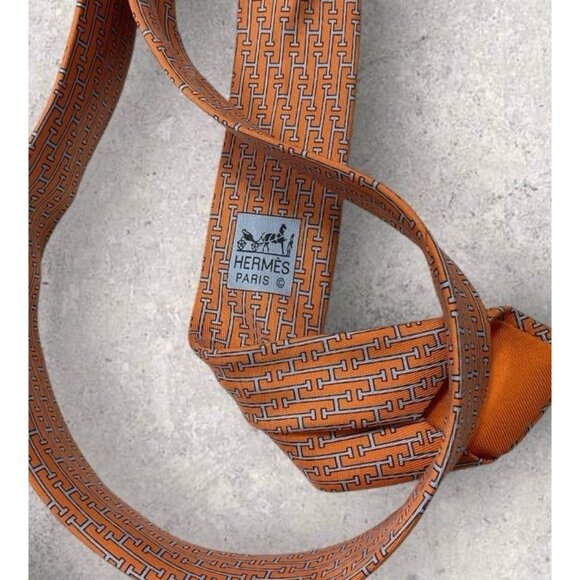 HERMÈS 5263 SA Silk Tie FRANCE XL Orange Monogram H W:3.7" EUC - Picture 4 of 6